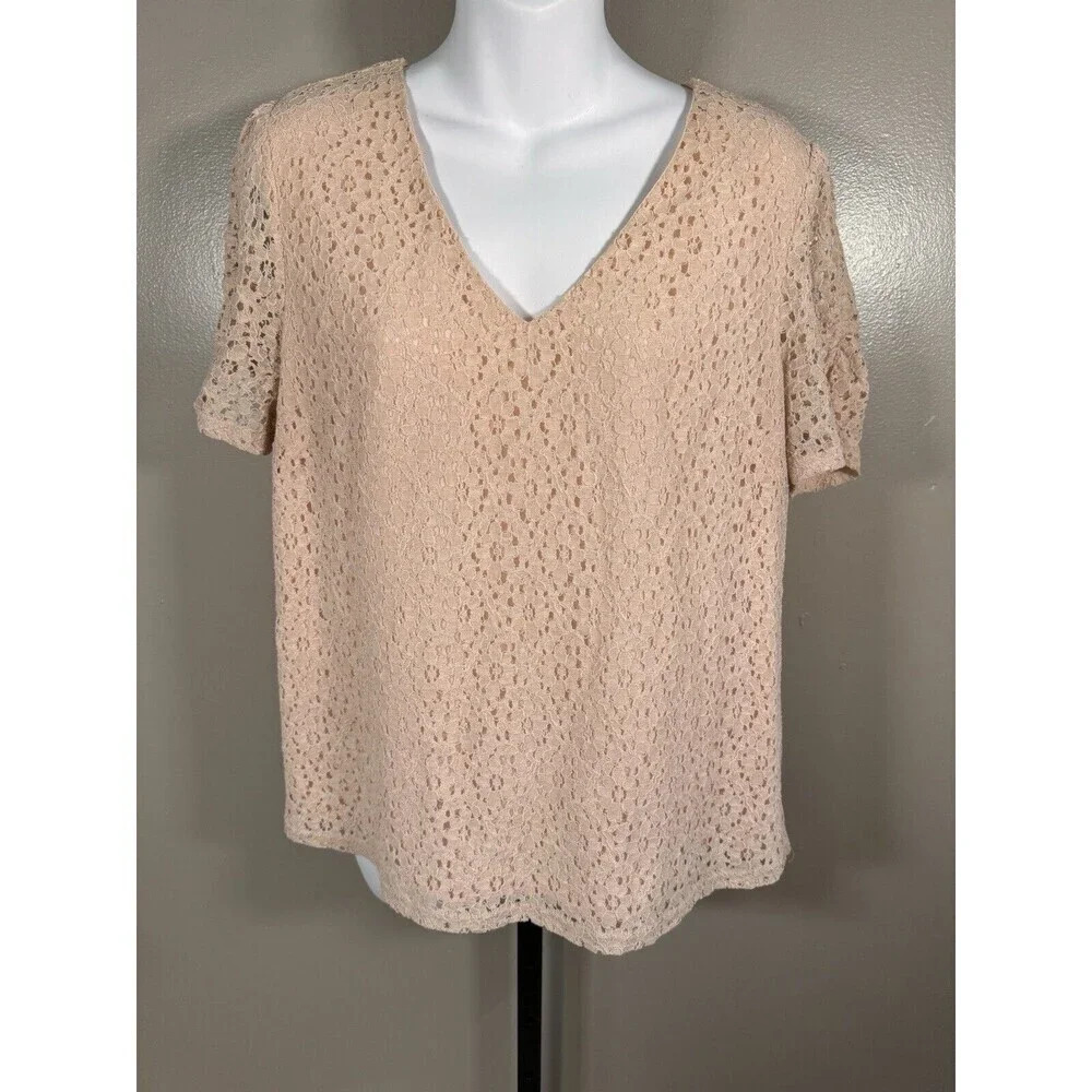 41Hawthorn Peach Sheer Lace Stop Top Women's Flutter Blouse Size Medium